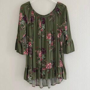 Terra & Sky Peasant Top Womens 1X Olive Green Floral Ruffle Bell Sleeve Boho